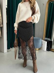 女士高腰无弹力波点蕾丝不对称中长裙，性感波点蕾丝拼接长裙，适合女士外出穿着，(YY1242) - 黑色 - 查看 4
