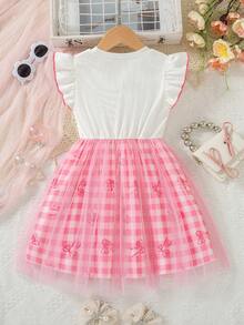 Girls' Casual Checkered Bow Print Flared Hem Mesh Decor Sleeveless Knee-Length Dress, Spring/Summer - Pink - View 3