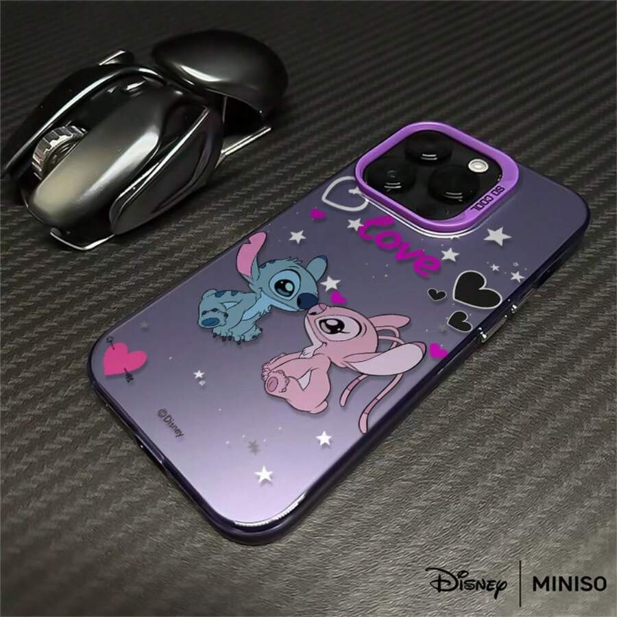 MINISO X Stitch & Angel "Love" Couple Imitation Liquid Printed Phone Case Compatible With IPhone 17/17 Pro/17 Pro Max/17 Air/16/15/14/13/12/11 Series Compatible With IPhone 17 Pro Max Case Compatible With IPhone 17 Pro Case Compatible With IPhone 17 Case Stocking Stuffers The Girlfriend - Purple - View 1