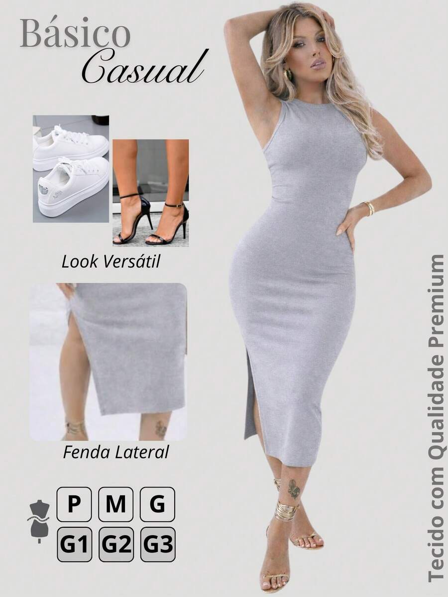 Women's Sleeveless Maxi Dress With Side Slit, Fitted, Bodycon, Casual, Street-Style, Formal, Party, Premium Cotton Rib Knit. - 淺灰色 - 查看 1