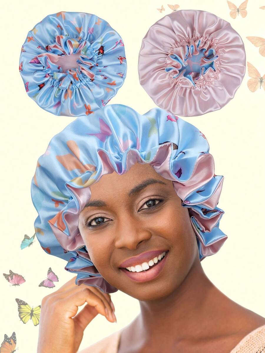 1顶双面缎面蝴蝶图案女士睡帽