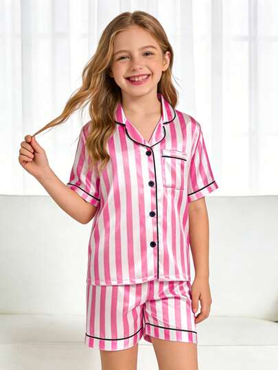 两件套少女竖条纹短袖短裤睡衣套装
