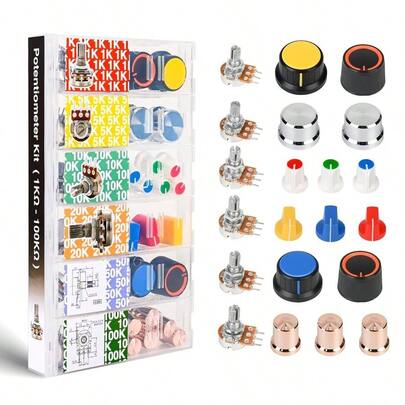 EEEEE 75pcs Potentiometer Kit With Rotary Knobs 1k 5k 10k 20k 50k 100k Guitar Pedal Potentiometer Assortment Kit Potentiometer Linear Rotary (75pcs Potentiiometer With Knobs)