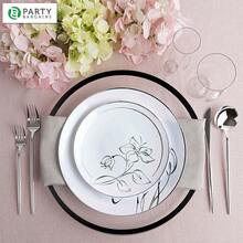 PARTY BARGAINS 13-Inch Charger Plates - 8 Pack, Clear Black Rim, Heavy-Duty Disposable Chargers For Elegant Dining - Ideal For Weddings And Formal Events - 黑邊 - 查看 6