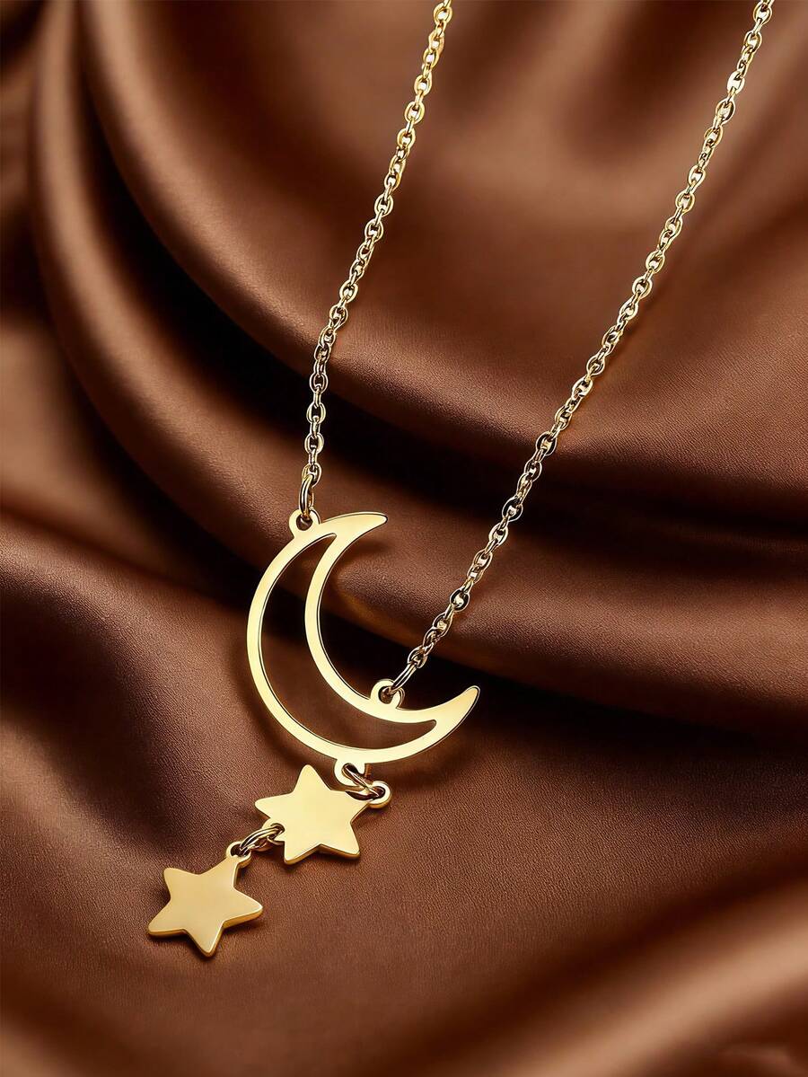 MONALLY 18K Gold Plated Elegant Charm Star & Moon Tassel Pendant Gold Necklace Stainless Steel Collarbone Chain Ladies Jewellery For Valentines Birthday Anniversary Perfect Gift Daily Wear - Yellow Gold - View 1