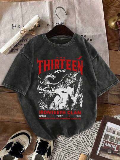 大码女式夏季玻璃王座印花圆领短袖简约休闲日常黑色水洗T恤上衣，十三印花女式上衣，龙印花女式夏季服装，BooktokT印花夏季上衣