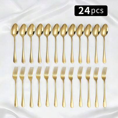 Premium servisset, huvudrättskombination med gaffel och sked, finns i guld, silver och svart, exklusiv metall i spegelpolerat hantverk, lämplig för uppläggning av biff, pasta, pudding och andra delikatesser, förbättrar matupplevelsen för hemmasammankomster och kommersiellt bruk.