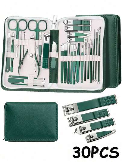 7/10/12/18/30pcs Manicure Set, Includes Nail Clippers, Nail Scissors, Ingrown Toenail Trimmer, Nail File And Nail Clipper, Unisex Grooming Tools (Dark Green)