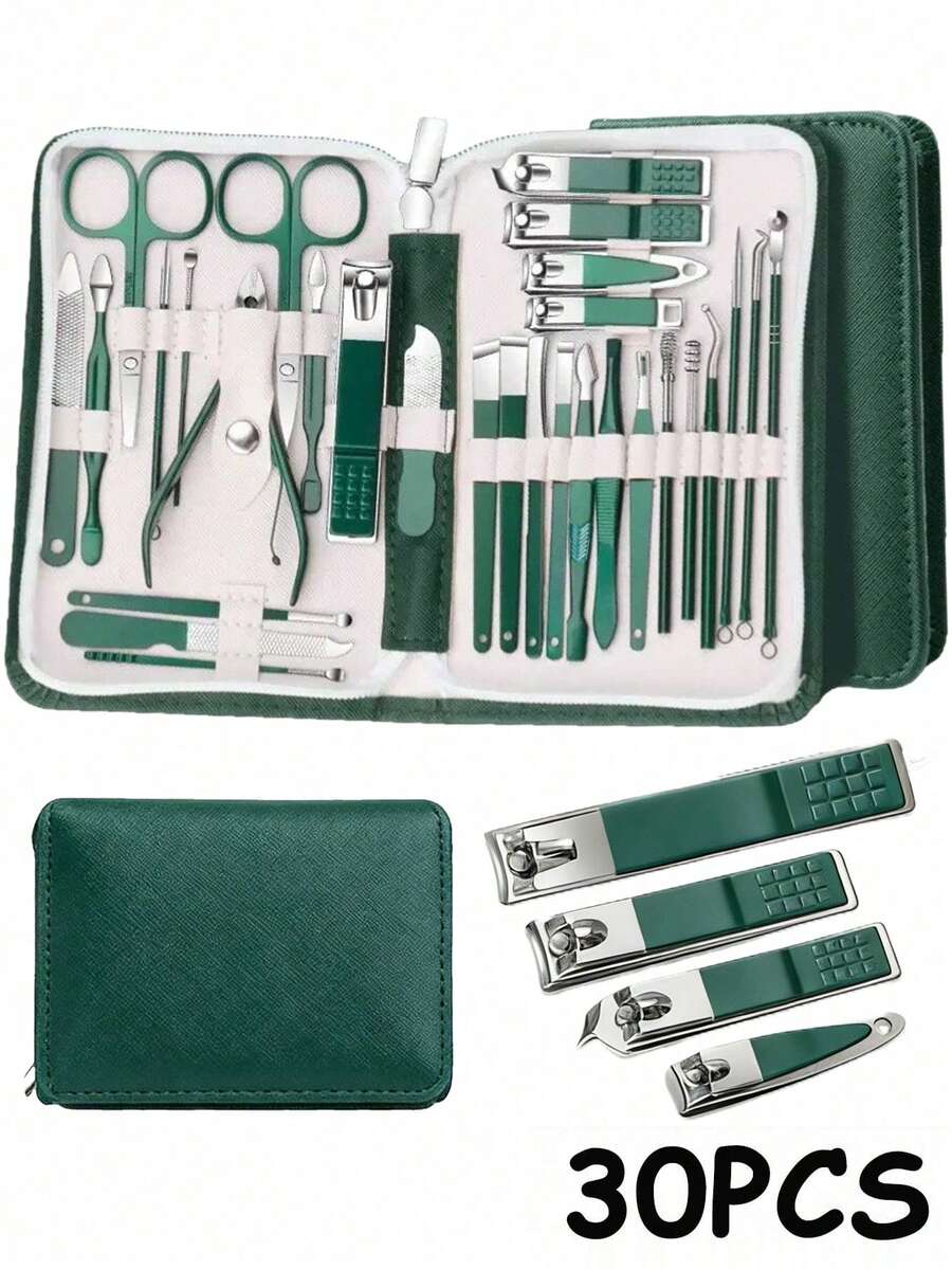 7/10/12/18/30pcs Manicure Set, Includes Nail Clippers, Nail Scissors, Ingrown Toenail Trimmer, Nail File And Nail Clipper, Unisex Grooming Tools (Dark Green)