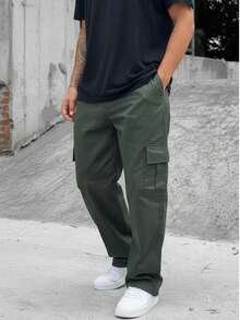 Men's Green Cargo Pants With Drawstring Waist And Slight Stretch, Unisex Long, Loose-Fitting, Casual Streetwear Skate Pants. - 墨綠色 - 查看 5