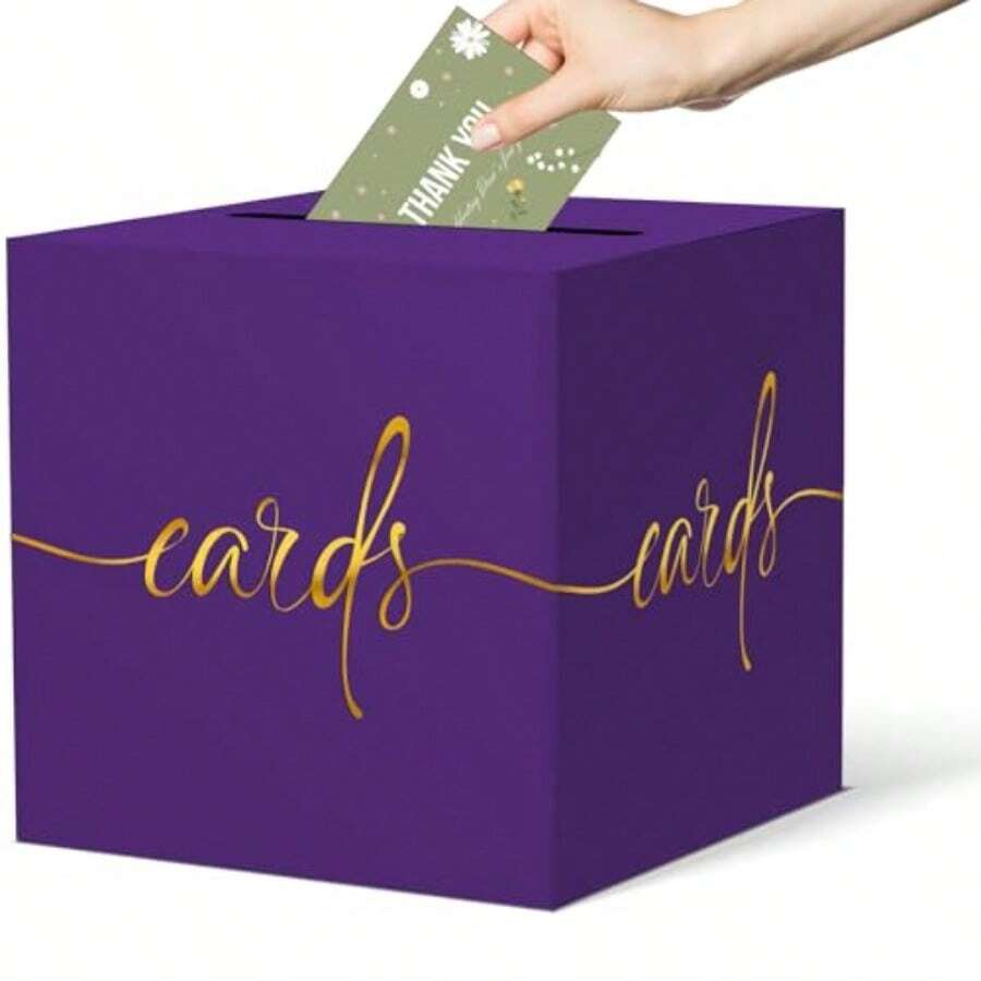 Purple Card Box With Gold Foil Design Paperboard 8.7" Card Box For Birthday Wedding Party Graduation Retirement Anniversary Valentine's Day And  Showers Raffle Or Money Box - Purple Card Box With Gold Foil - View 1
