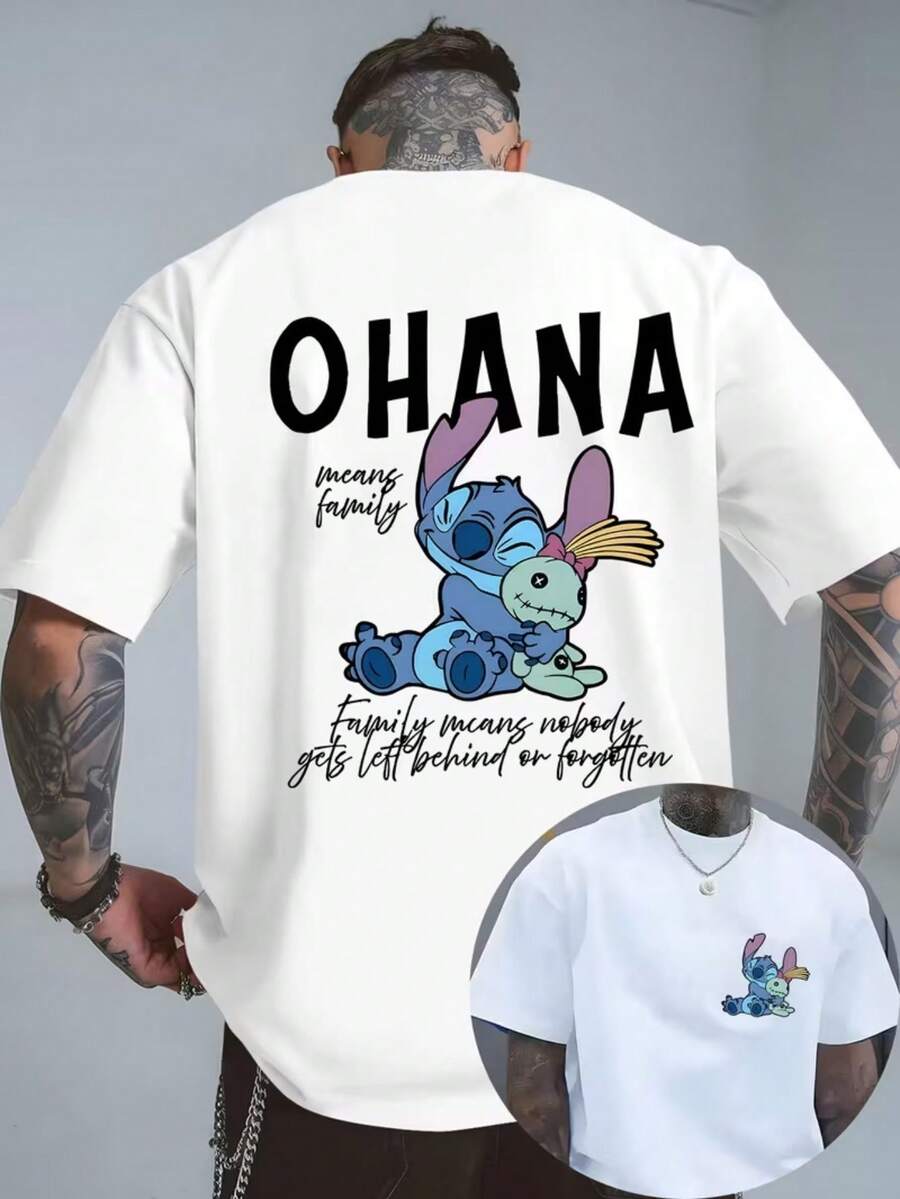 Men's Casual Fashion Disney Front And Back Shi Diqi Letter Printed T-Shirts, Round Neck Comfortable Cotton Fabrics, Fashionable Street Clothes Suitable For Everyday Wear, Men's Wear. - 白色 - 查看 1