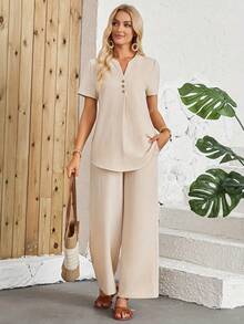Conjunto feminino Vuslat de verão casual com blusa de manga curta e calça folgada, ideal para o dia a dia, passeios, atividades ao ar livre, momentos de lazer e férias. Perfeito para o trabalho, férias e outras ocasiões. - Damasco - Ver 8