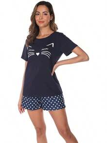 ¡RecomendadoConjunto de Pijama para Mujer, Conjunto Playera y Shorts, con Bolsillos, Pijamas Algodón Suave Ropa, Motivo Felino, Camisas de Dormir¡Top de Temporada - Verde - Ver 1