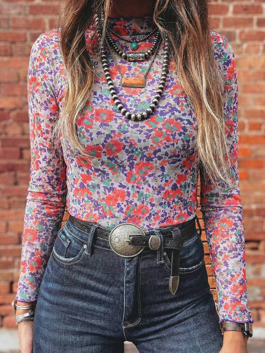 Acelitt Blusa de manga larga con cuello alto, ajustada, con estampado de flores de rosa y malla, adecuada para primavera y otoño de uso casual - Multicolor - Ver 1