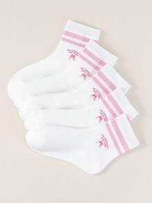 5 Pairs Kids Pink Striped Letter Bow Print Breathable Mid-Calf Socks - Multicolor - View 14