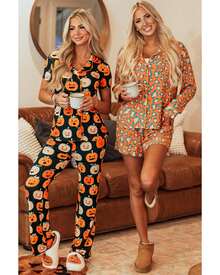 Orange Halloween Pattern Short Sleeve Shirt Pajama Set Women Sleepwear - Orange - View 1
