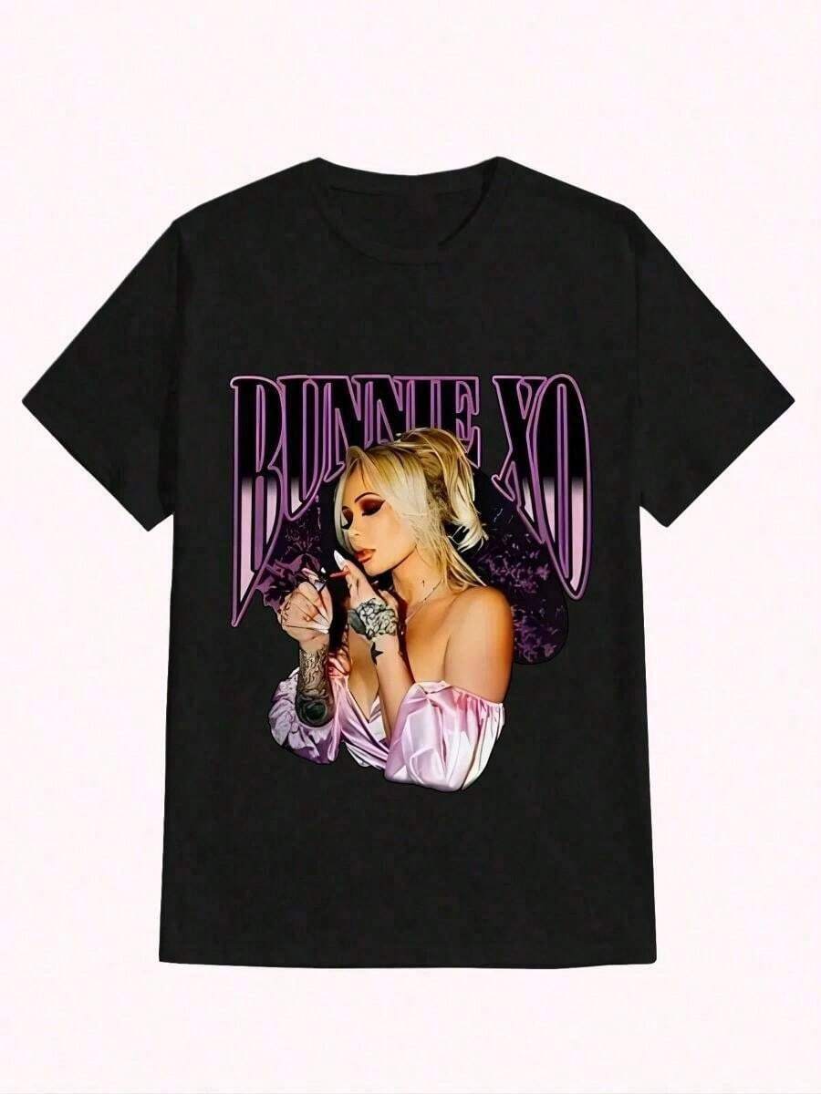 Bunnie Xo Smokeshow, Estampado Casual, Cómoda y Versátil, Camiseta Estampada de Algodón de 220g con Patrón de Letras. Camiseta de manga corta con cuello barco y color sólido para mujer de Jpg, adecuada para el verano, se combina con camisas estampadas, blusas de mujer y camisetas estampadas de manga corta. Ropa de Mujer - Negro - Ver 1