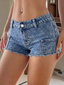 女士休闲牛仔迷你短裤，毛边直筒设计，中等弹力面料 - 藍色 - 查看 3