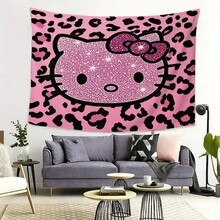 1件装 Sanrio 粉色豹纹小猫挂毯 | 可爱卡通动物美学墙面装饰艺术品，适用于客厅、卧室、宿舍，大尺寸布艺海报背景布，涤纶材质 - 彩色 - 查看 4