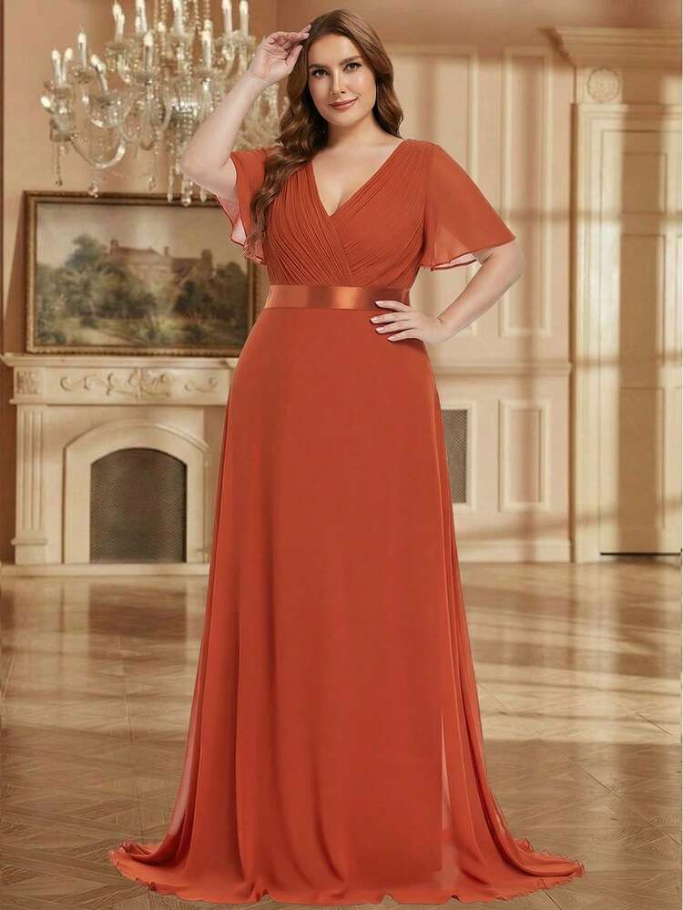 EVERPRETTY Plus Size Elegant V-Neck Ruched Bust Tangerine Bridesmaid Dress, Spring/Summer Wedding Guest Formal Dress Party