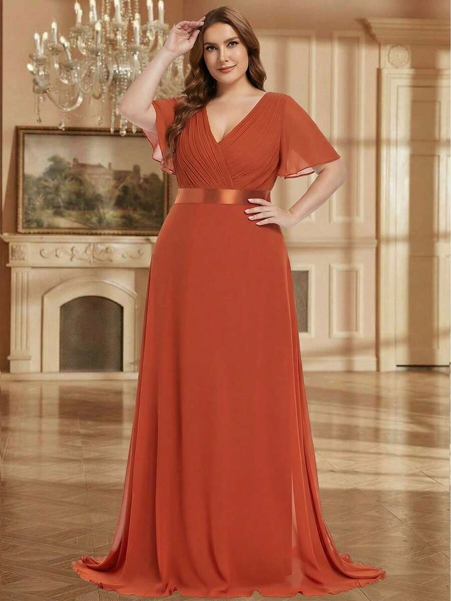 EVERPRETTY 大碼飛袖百褶雪紡連衣裙