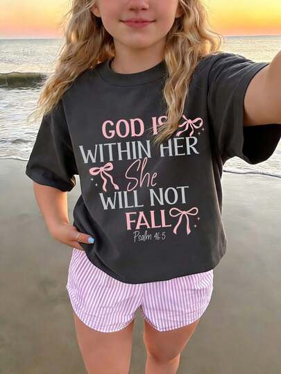 Teen Girl "God Is Within Her She Will Not Fall Psalm 46:5" Slogan Print T-Shirt, Soft And Comfortable Fabric, Suitable For Girls To Wear For Travel, Vacation, Outdoor Sports, Daily Wear, Casual Travel, Best Choice! Fashionable Tween Girls Casual Versatile Top For Spring And Summer