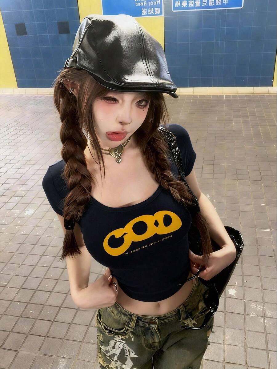 Women's U-Neck Short Sleeve T-Shirt, American Style Hot Girl, Summer New Letter Print Fashion Versatile Slim-Fit Cropped Top - Black - View 1