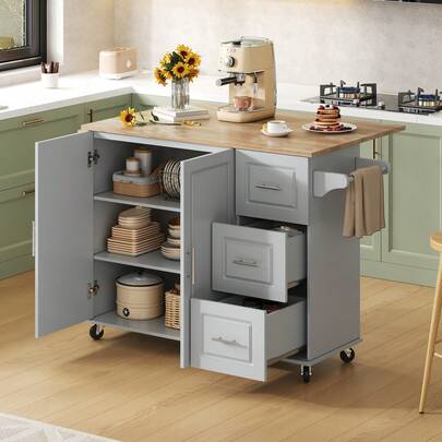 L137 * W43 (76) * H92 Cm, Large Mobile Kitchen Table, Oak Worktop, Foldable Design, Multifunctional, 3 Drawers, Towel Rack, Ideal For Kitchen, Dining Room, Multicoloured Optional.