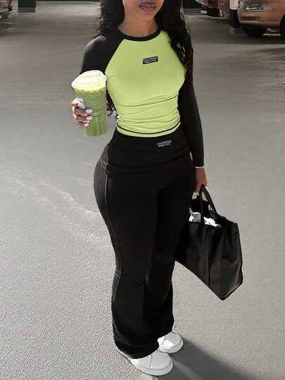 2pcs Women's Casual Contrast Color Sports Pants + Leggings Set, Suitable For Daily Wear And Home, Autumn/Winter