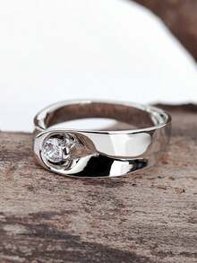 1枚流行女士时尚优雅个性化立方氧化锆铜戒指，婚礼订婚派对珠宝礼物 - 銀色 - 查看 3