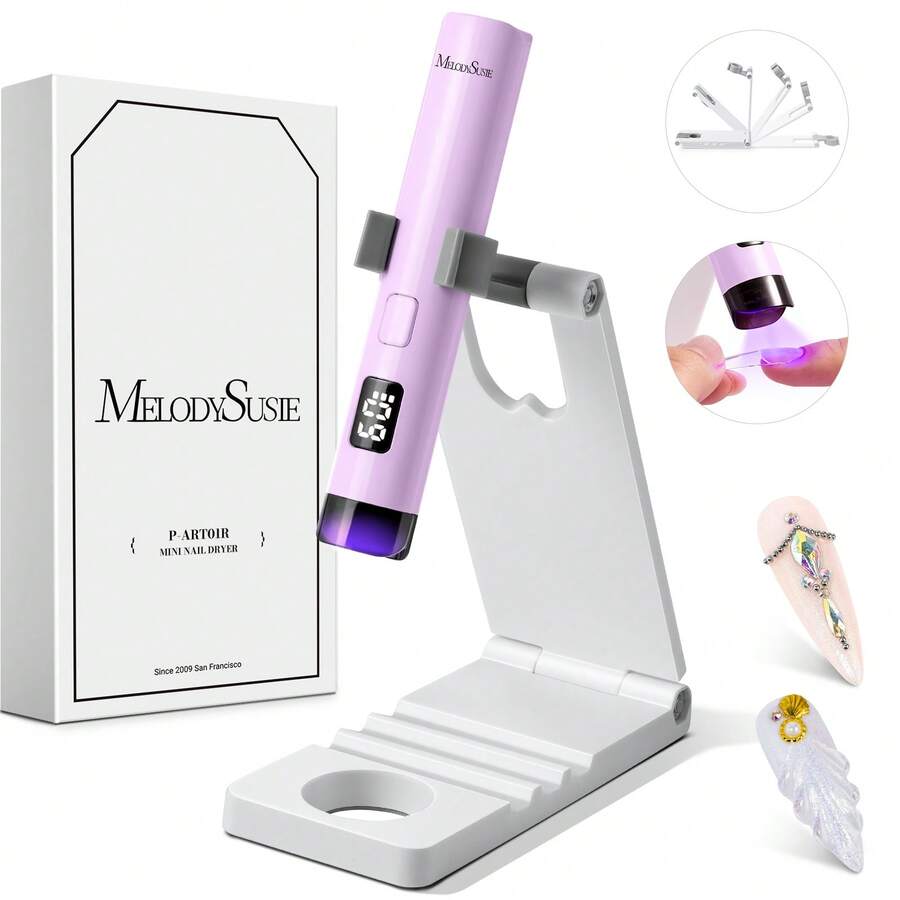 Handheld UV Light For Gel Nails With Stand, Mini Portable Cordless Nail Lamp With LCD Display, Eye-Protective Cover, Flash Curing For Glue Purple - purple with stand - View 1