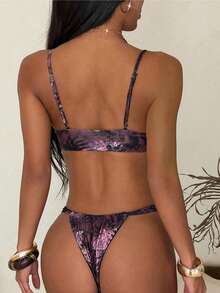 女士两件式比基尼套装，不对称金属环可拆卸肩带，波西米亚风花卉印花，沙滩度假泳装 - 紫色 - 查看 7