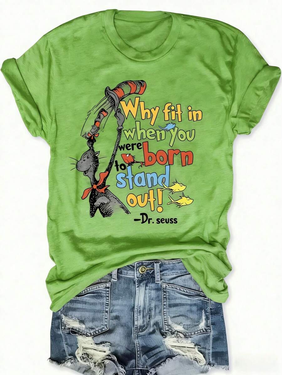 Fashionable Graphic And Letter Print Crew Neck T-Shirt For Women - Casual Short Sleeve Crew Neck Top For Sweetheart - Lightweight & Breathable For All Seasons, Polyester, 1 Piece, 180g - 草綠色 - 查看 1