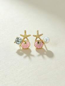 1 Pair Fashionable Sweet Starfish Shell Stud Earrings, Minimalist Small Personalized Earrings Suitable For Teenage Girls, Beach Vacation And Daily Wear - Pink - View 3