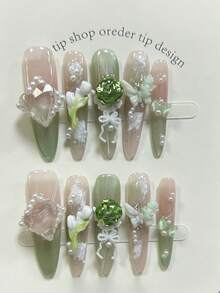 10片装优雅奢华祖母绿法式手工按压式美甲贴片，3D钻石蝴蝶花朵珍珠假指甲，猫眼杏仁美甲美甲用品（1张果冻贴纸+1把指甲锉） - 綠色 - 查看 4