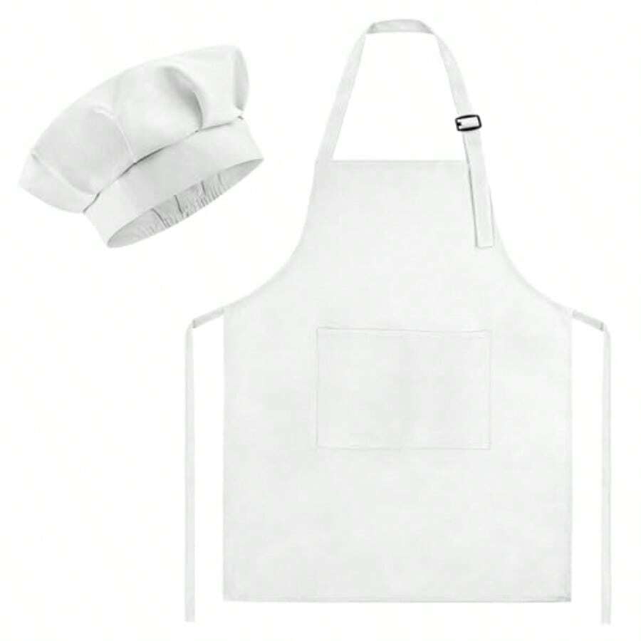 Chef Hat And Apron Set Adjustable 's Painting Apron And Chef Hat With 2 Pocket For Cooking Painting - trắng - Xem 1