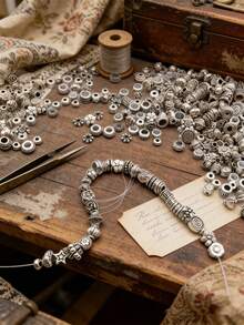 50/80/100/150/200/300/500颗混合隔珠套装，DIY首饰 - 锌合金，时尚纹理金属设计，适用于项链、手链和戒指 - 銀色 - 查看 8