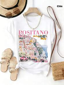 Positano Italy Coastal Town Print Women's Pure Cotton T-Shirt Watercolor Art Style Summer Vacation Travel Outfit Casual Beach Wear For Women  Fashion Top 2024 Summer Look - trắng - Xem 2