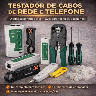 Kit Completo para Rede com Testador de Cabo Ethernet e Telefônica + Alicate de Crimpagem Profissional