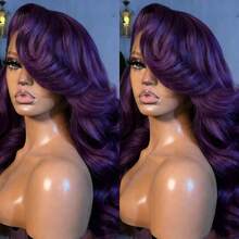 250 Density Violet Purple Human Hair Lace Front Wig With 13x4 HD Lace Pre Plucked Baby Hair And Natural Hairline Violet Purple Color Body Wave Lace Front Wig Human Hair For Women With Baby Hair - Purple - 查看 3