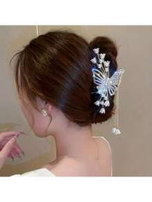 1个别致花朵蝴蝶水钻仿珍珠流苏发夹，锌合金仙女风发饰，理想礼物，女士发饰，秋季，旅行，美发工具，女士配饰，发夹，秋季，女士发饰，美发工具，发饰，优雅爪夹发饰 - 金色 - 查看 3