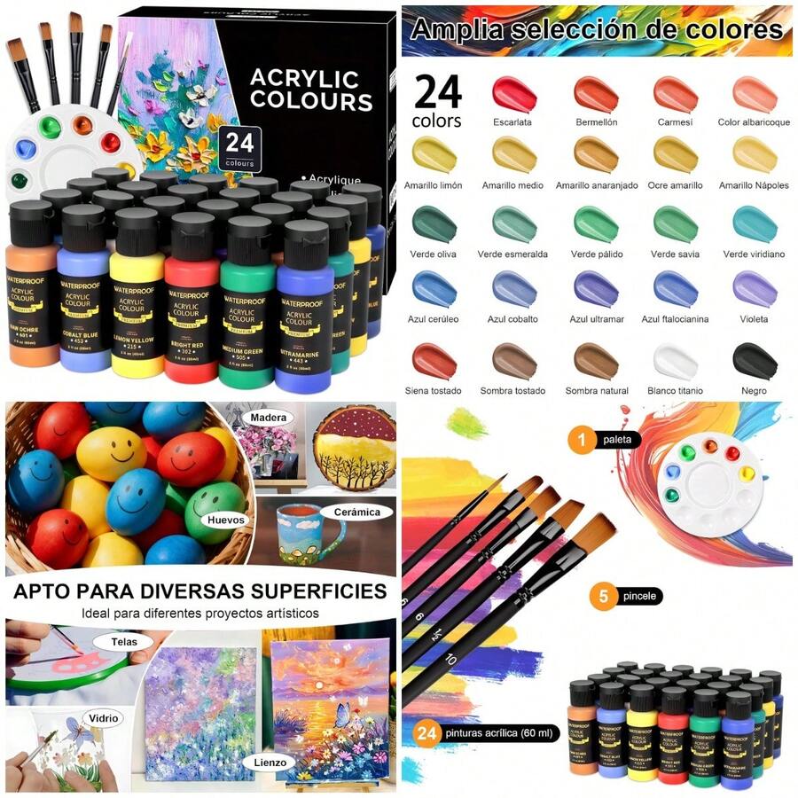 Pintura Acrílica, Oleo 24 Colores*60ml, Contains 5 Brushes and a Palette, Kit de Pintura Acrílica Profesionales, Art Supply Sets - como en la foto - Ver 1