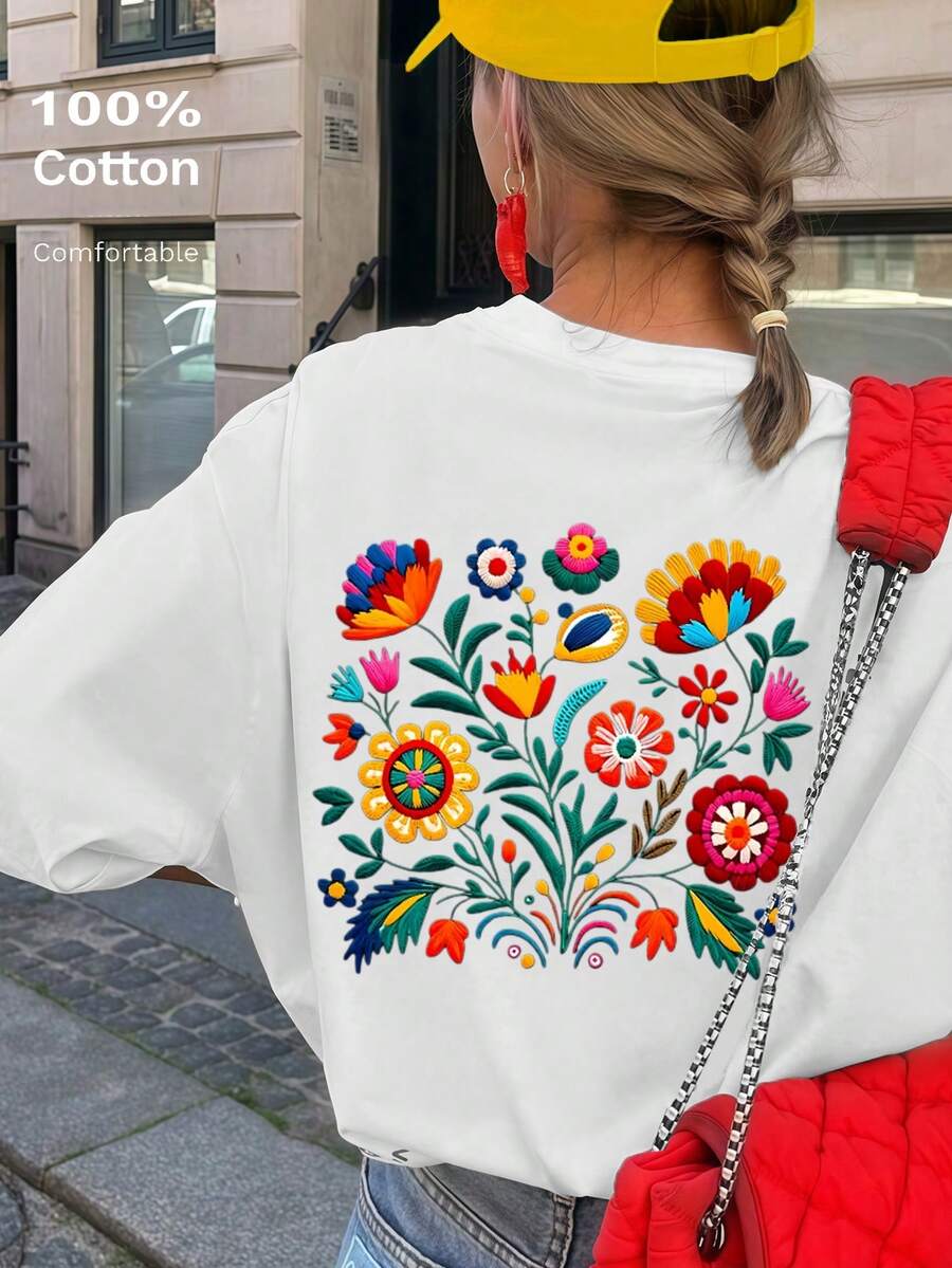 女士印花宽松T恤，休闲夏季度假之选 - 白色 - 查看 1