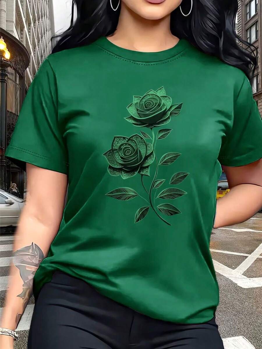 Women's Flower T-Shirt Blouse, 100% Cotton, Floral Fashion - Verde - Ver 1