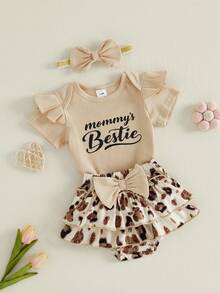 Conjunto de verano para niña pequeña, mono bonito de manga corta con estampado de letras, falda pantalón con estampado de leopardo y diadema, conjunto de 3 piezas, ropa bonita para uso diario, ideal para 0 a 18 meses. - Albaricoque - Ver 6