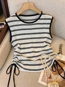 Women's Black & White Striped Knit Sleeveless Top, Double-Sided Tie Waist Pleated Fitted, Casual Elegant Vacation Knit Blouse For Summer - Black and White - View 3