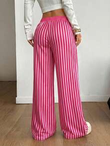 LOVE JOYY 女士休闲粉白条纹阔腿裤，抽绳腰带宽松时尚舒适夏季街头风长裤 - 彩色 - 查看 2