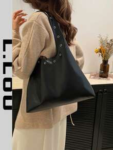 Y2K街头风秋冬休闲铆钉拼接单肩包，铆钉镶嵌流浪包，腋下新月形单肩包，多功能通勤包，慵懒饺子形单肩包 - 黑色 - 查看 12