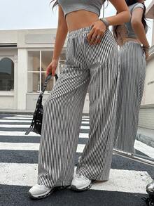 EARO 时尚女士休闲条纹阔腿裤，松紧腰带，无弹力面料，时尚优雅百搭 - 黑與白 - 查看 5